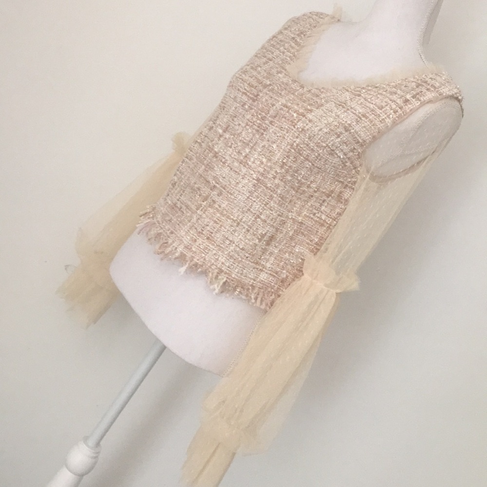 Pink, peach, cream tweed lace sleeve top - Picture 2 of 6